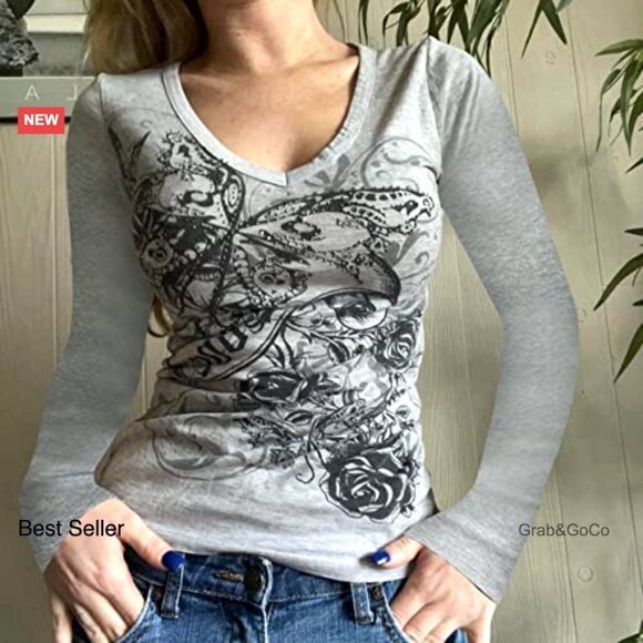 Y2K Fairy Grunge Graphic Long Sleeve Tee Retro Streetwear Crop Top - Picture 3 of 5